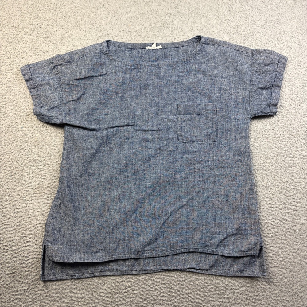 Eileen Fisher Womens Blue Chambray Hemp Organic Blend Boxy Cap Sleeve Top Medium